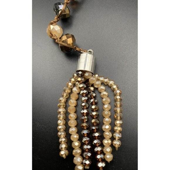 Champagne Root Beer Tassel Necklace 2 Strand Copper Glass Bead AB Macrame Cord - Picture 7 of 9